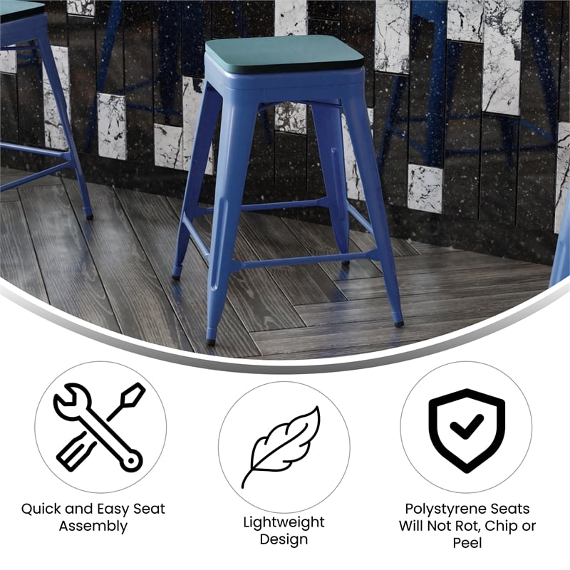 Indoor/Outdoor Backless Counter Stool with Poly Seat - Blue/Teal-Blue