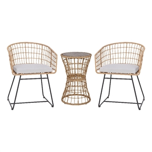 Indoor/Outdoor Natural Boho Rattan Rope Bistro Set with Side Table and Cushions