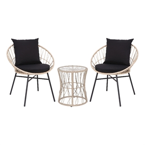 Indoor/Outdoor Rattan Rope Bistro Set Glass Top Table & Cushions-Tan/Black