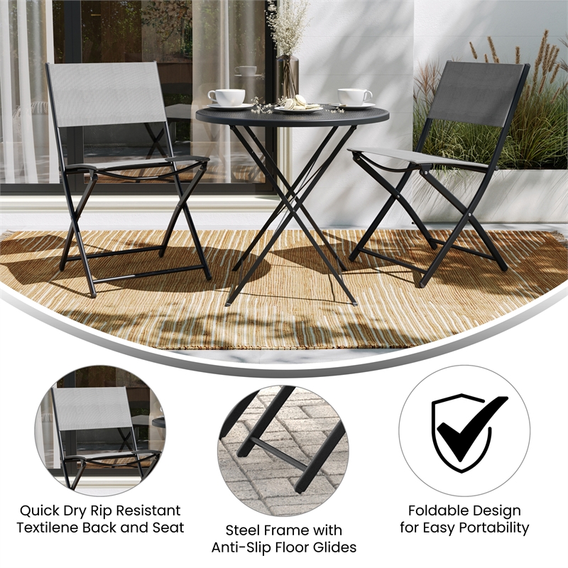 2 Pack Commercial Outdoor Flex Comfort Folding Chair with Metal Frame in Gray
