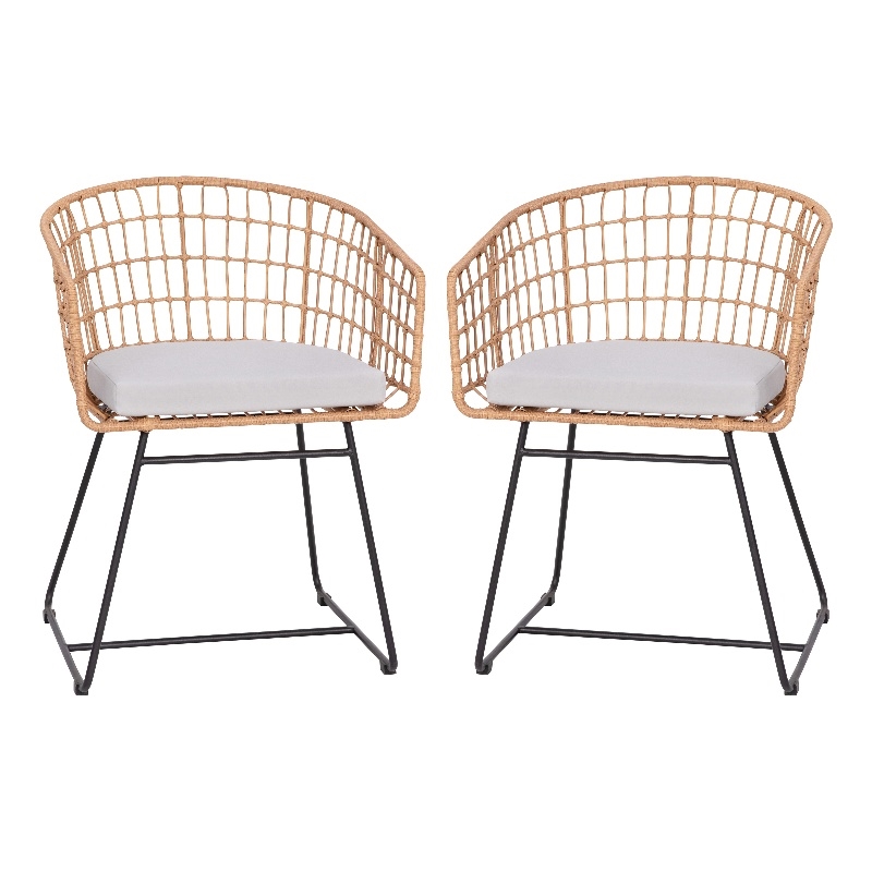2PK Indoor/Outdoor Natural Boho Rattan Rope Club Chairs-Light Gray Seat Cushions