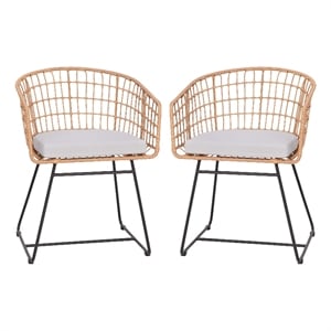 2PK Indoor/Outdoor Natural Boho Rattan Rope Club Chairs-Light Gray Seat Cushions