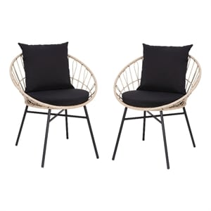 Indoor/Outdoor Boho Rattan Rope Chairs with Back & Seat Cushions - Tan/Black