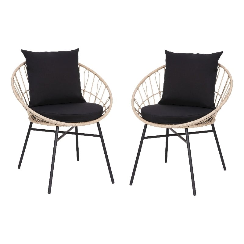 Indoor/Outdoor Boho Rattan Rope Chairs with Back & Seat Cushions - Tan/Black