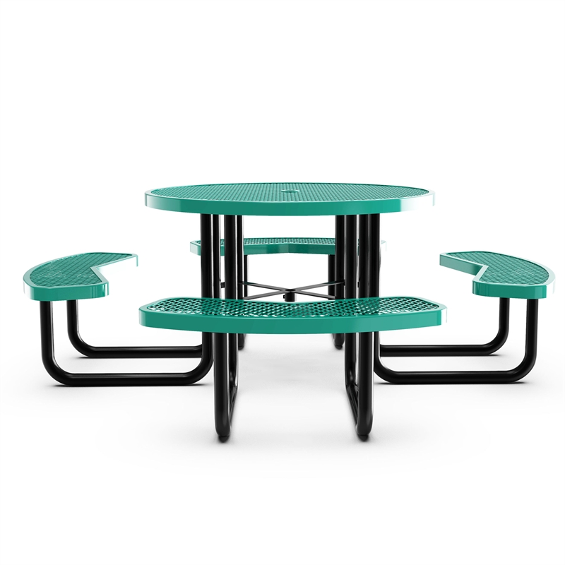Commercial 46 Inch Round Expanded Mesh Metal Picnic Table with Anchors - Green