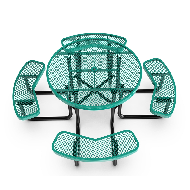 Commercial 46 Inch Round Expanded Mesh Metal Picnic Table with Anchors - Green