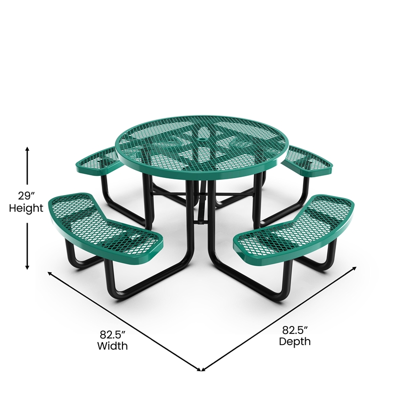 Commercial 46 Inch Round Expanded Mesh Metal Picnic Table with Anchors - Green