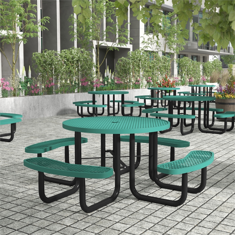 Commercial 46 Inch Round Expanded Mesh Metal Picnic Table with Anchors - Green