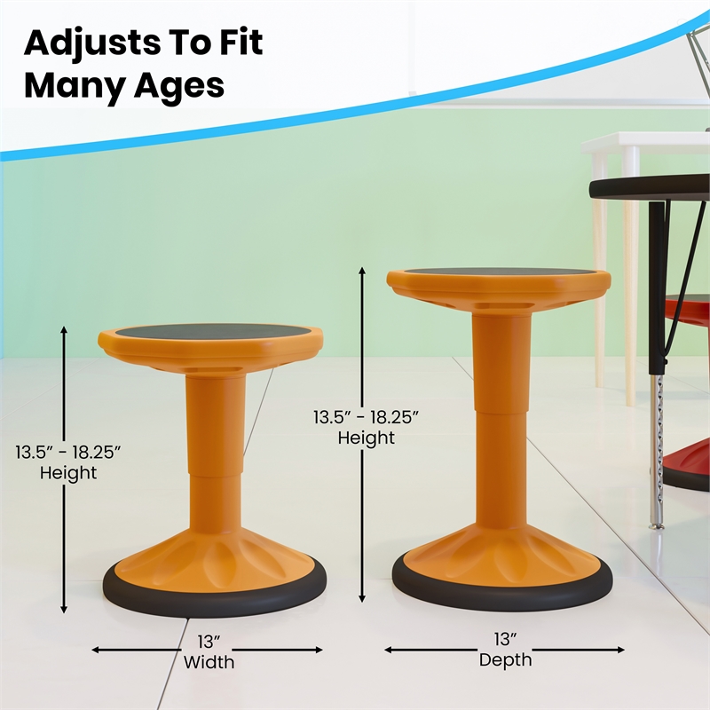 Kids Adjustable Height Active Learning Stool for Classroom and Home in Orange