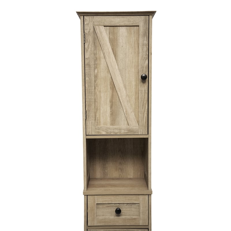 Farmhouse Freestanding Linen Tower with Shelves Drawer and Doors - Brown