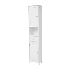 Farmhouse Freestanding Linen Tower with Shelves Drawer and Doors - White