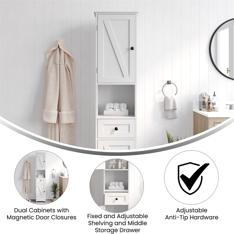 Farmhouse Freestanding Linen Tower with Shelves Drawer and Doors - White