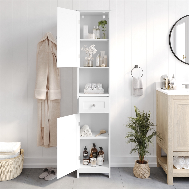 Farmhouse Freestanding Linen Tower with Shelves Drawer and Doors - White