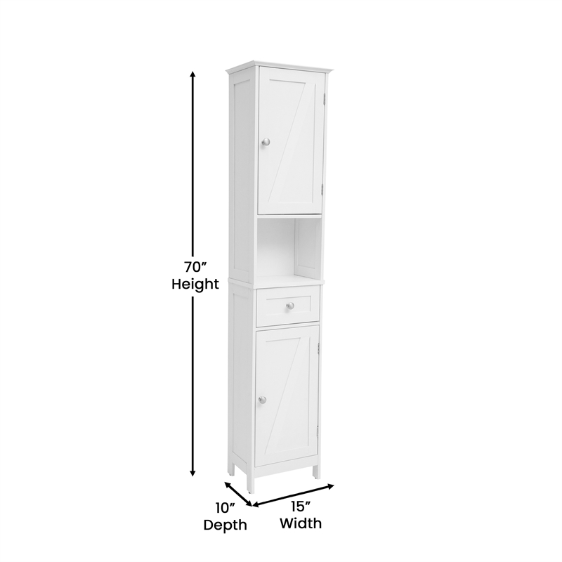 Farmhouse Freestanding Linen Tower with Shelves Drawer and Doors - White