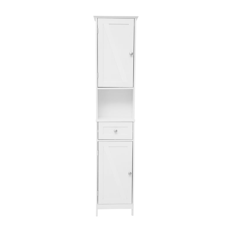 Farmhouse Freestanding Linen Tower with Shelves Drawer and Doors - White