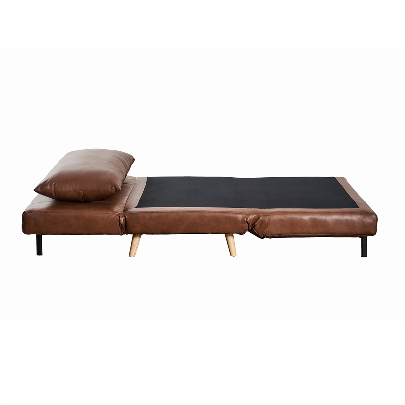 Convertible Tri-Fold Chair with Pillow and Hideaway Legs in Brown LeatherSoft