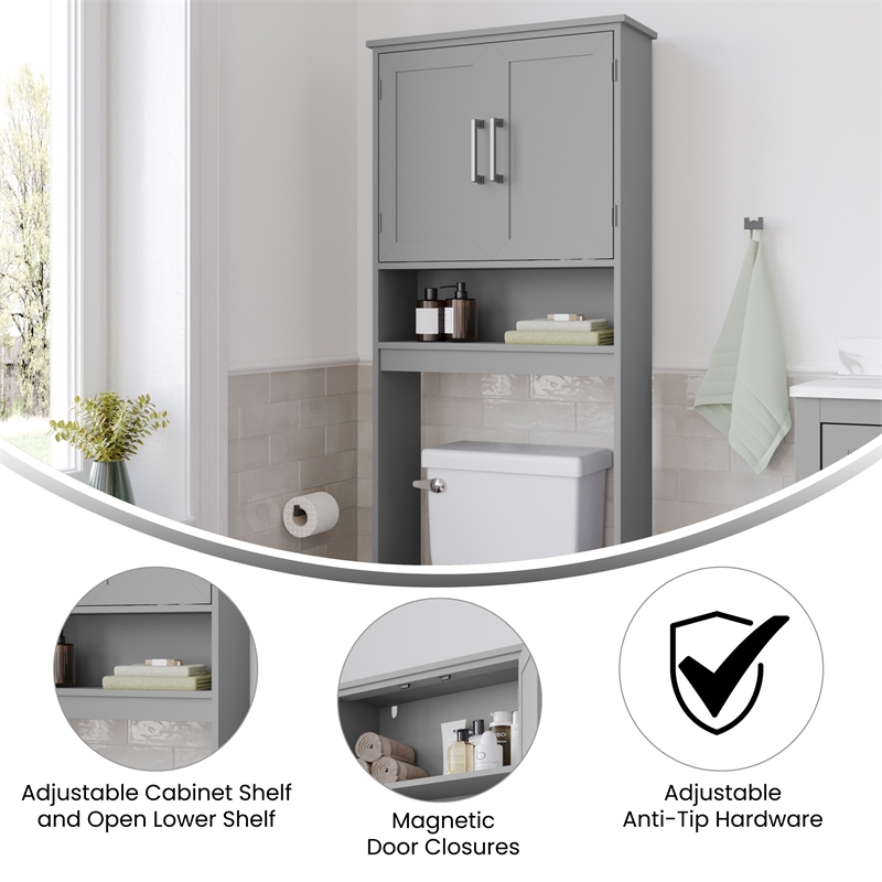 Modern Over the Toilet Cabinet with Shelves and Magnetic Closure Doors - Gray