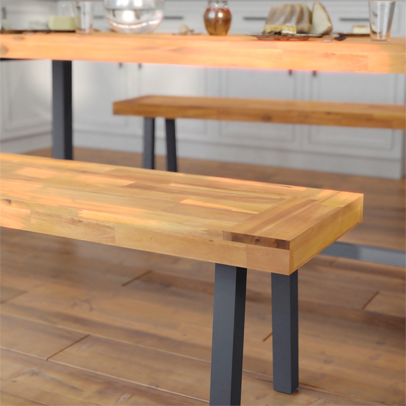 Indoor/Outdoor Solid Acacia Wood Slat Top Bench with Wood Legs - Natural/Gray