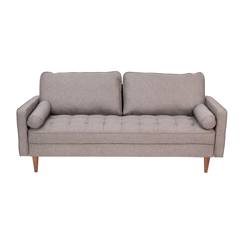 Compact Slate Gray Faux Linen Upholstered Tufted Sofa with Wooden Legs