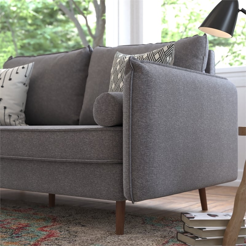 Compact Stone Gray Faux Linen Upholstered Sofa with Wooden Legs