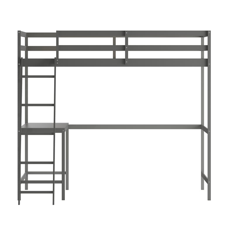 Full Size Traditional Wood Slat Loft Bed with Integrated Desk & Ladder-Lt Gray