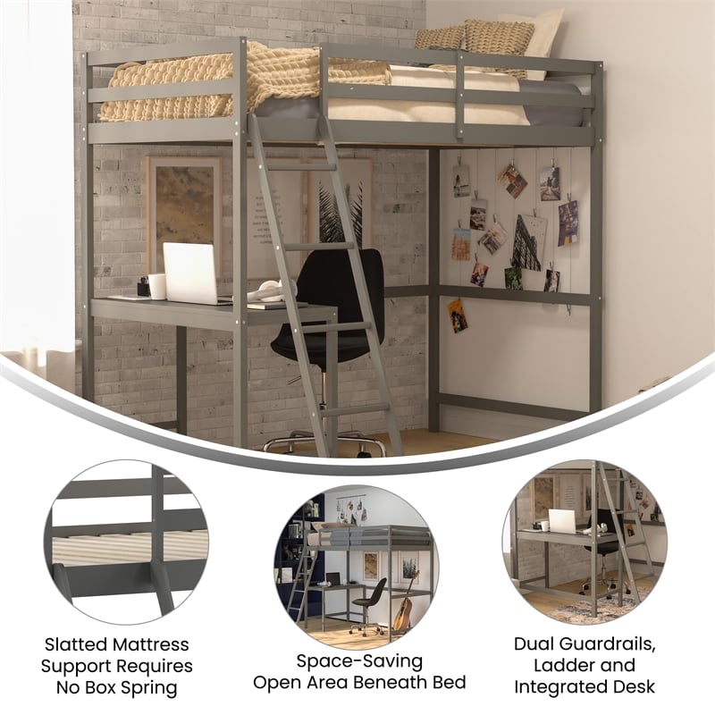 Twin Size Traditional Wood Slat Loft Bed with Integrated Desk & Ladder-Lt Gray