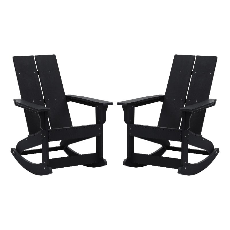 Indoor/Outdoor modern 2-Slat Adirondack Poly Resin Rockers in Black - Set of 2