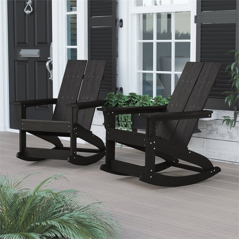 Indoor/Outdoor modern 2-Slat Adirondack Poly Resin Rockers in Black - Set of 2