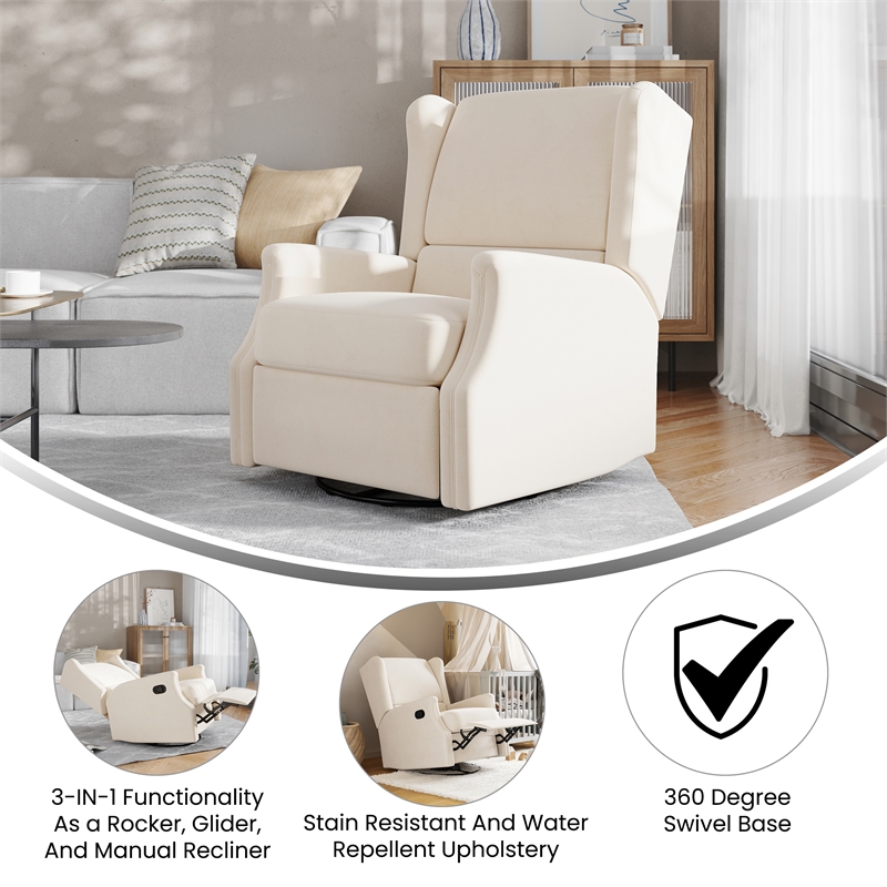Wingback Manual Rocking Glider Recliner Chair with 360 Swivel in Cream