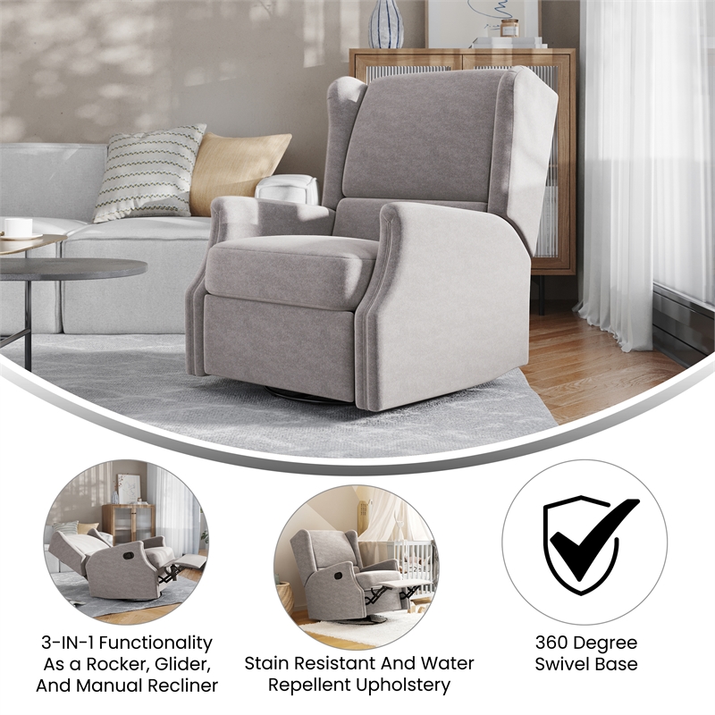 Wingback Manual Rocking Glider Recliner Chair with 360 Swivel in Light Gray