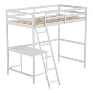 Twin Size Traditional Wood Slat Loft Bed with Integrated Desk & Ladder-White