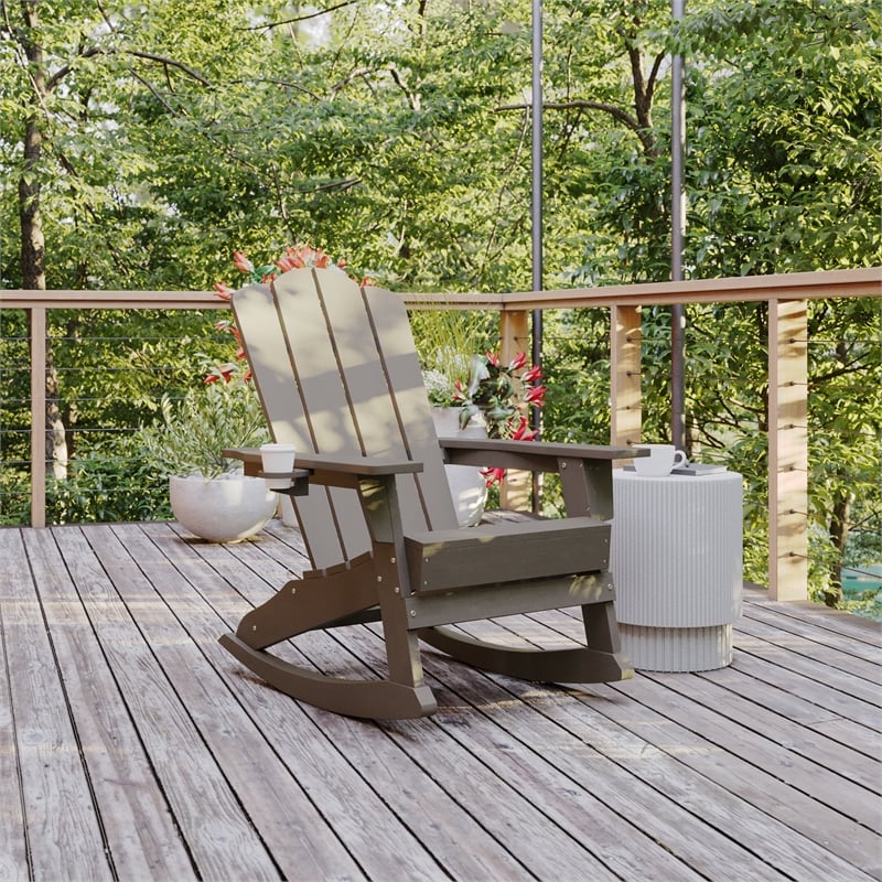 Commercial All-Weather Rocking Adirondack Chair with Swiveling Cupholder - Brown