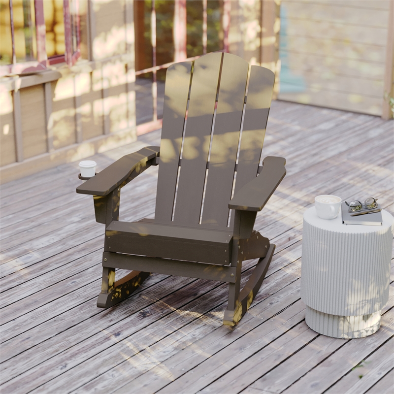 Commercial All-Weather Rocking Adirondack Chair with Swiveling Cupholder - Brown