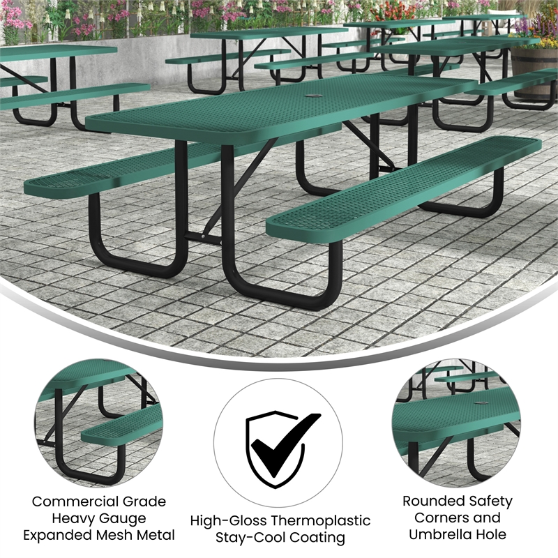 Commercial 8' Rectangular Expanded Mesh Metal Picnic Table with Anchors - Green