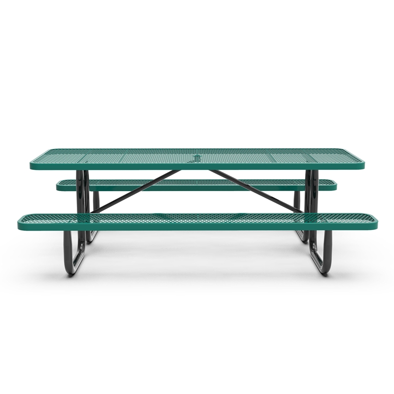 Commercial 8' Rectangular Expanded Mesh Metal Picnic Table with Anchors - Green