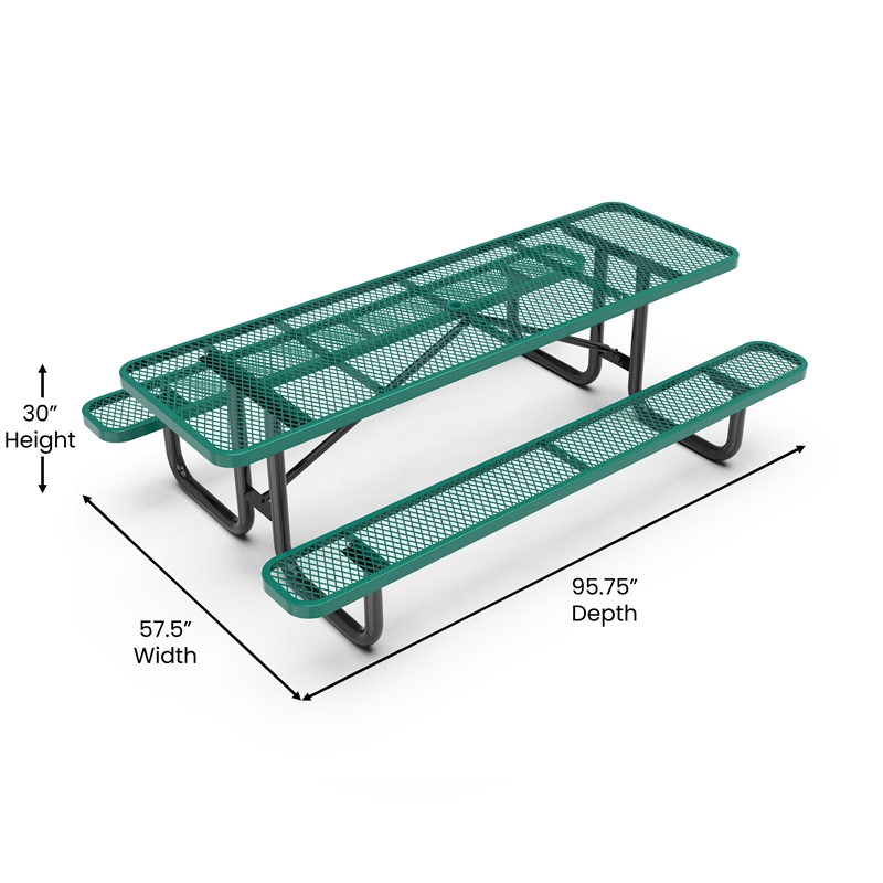 Commercial 8' Rectangular Expanded Mesh Metal Picnic Table with Anchors - Green