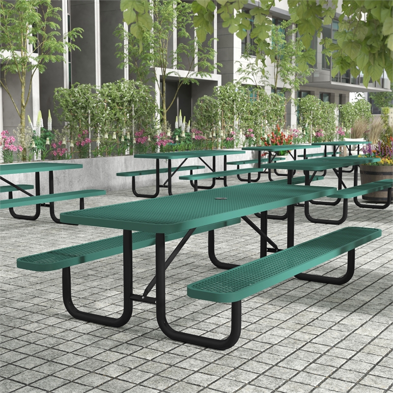 Commercial 8' Rectangular Expanded Mesh Metal Picnic Table with Anchors - Green