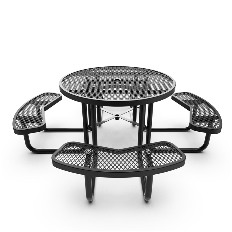 Commercial Grade 46 Inch Round Expanded Mesh Metal Outdoor Picnic Table - Black