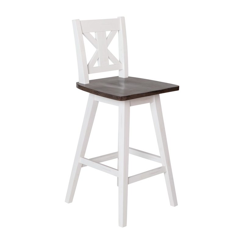 Commercial 360 Swivel Wood Counter Height Stool in Antique White Wash/Gray Seat