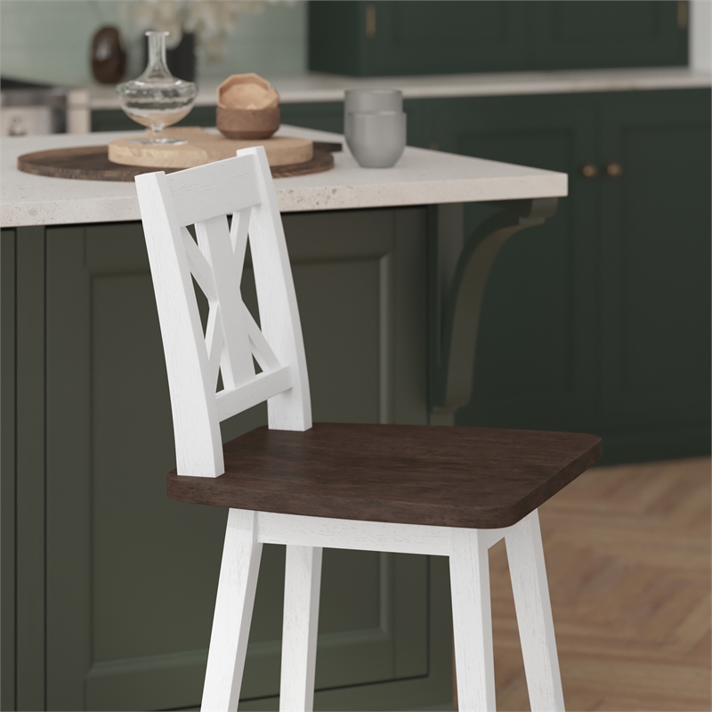 Commercial 360 Swivel Wood Counter Height Stool in Antique White Wash/Gray Seat