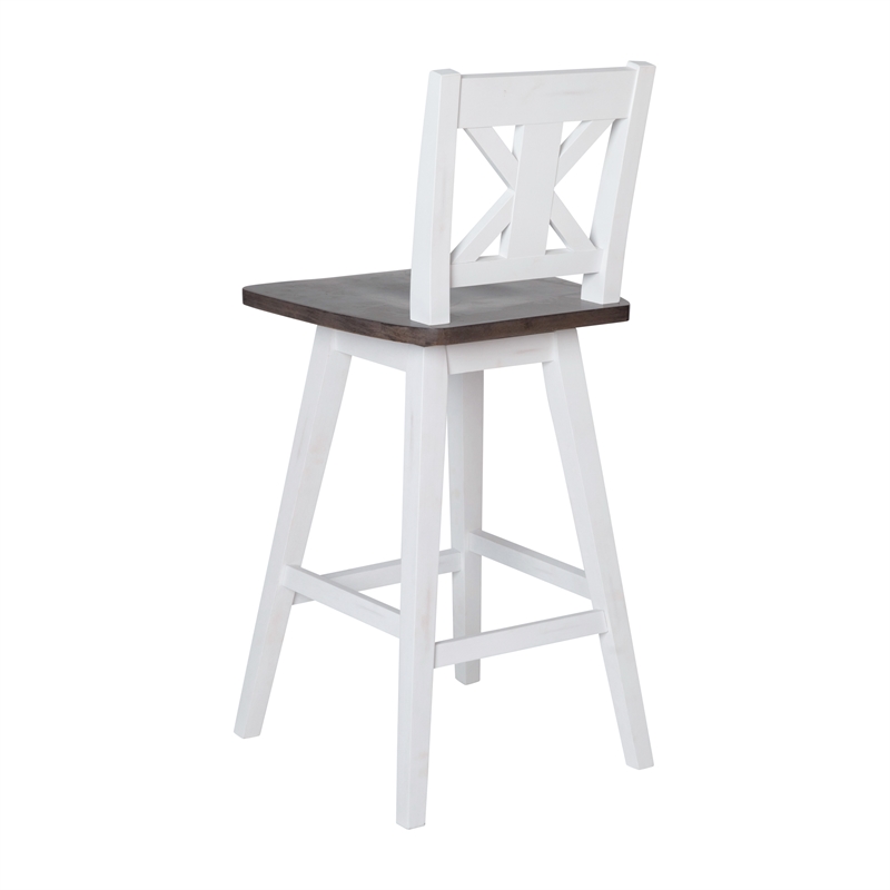 Commercial 360 Swivel Wood Counter Height Stool in Antique White Wash/Gray Seat