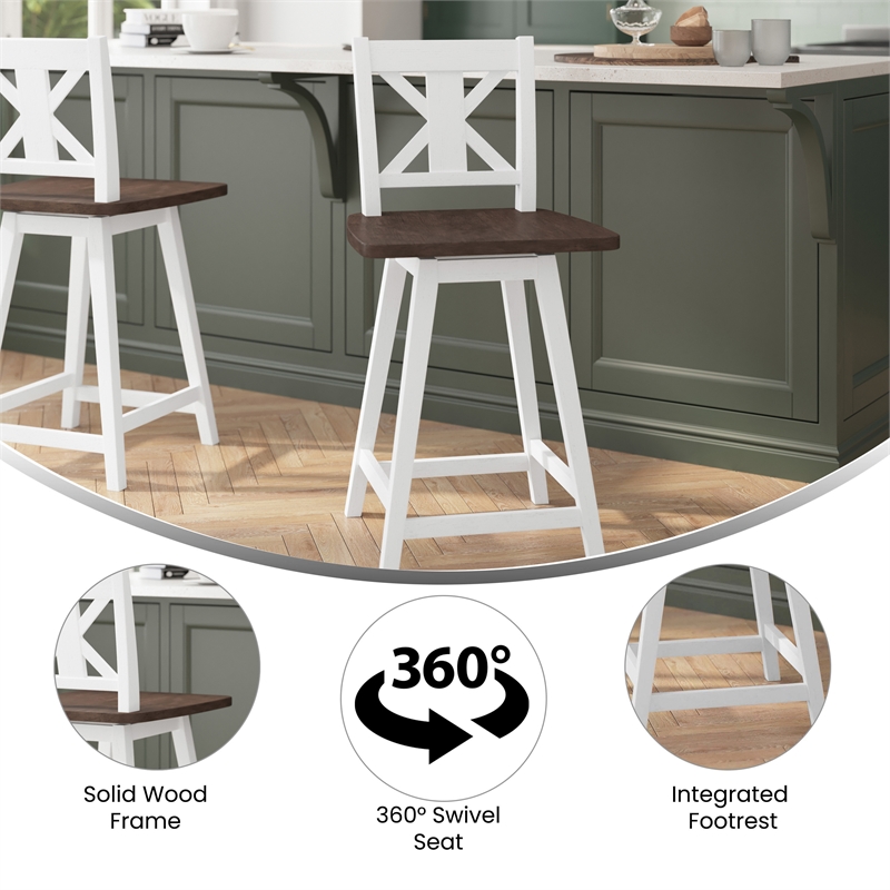 Commercial 360 Swivel Wood Counter Height Stool in Antique White Wash/Gray Seat