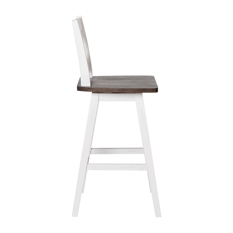Commercial 360 Swivel Wood Counter Height Stool in Antique White Wash/Gray Seat