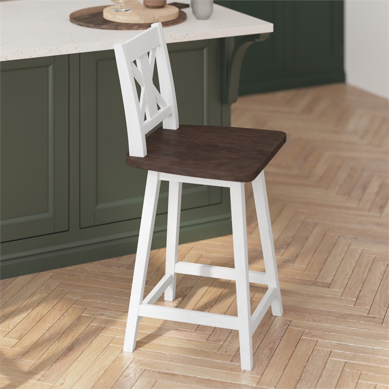 Commercial 360 Swivel Wood Counter Height Stool in Antique White Wash/Gray Seat