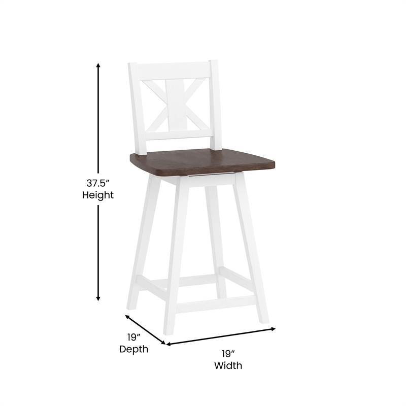 Commercial 360 Swivel Wood Counter Height Stool in Antique White Wash/Gray Seat