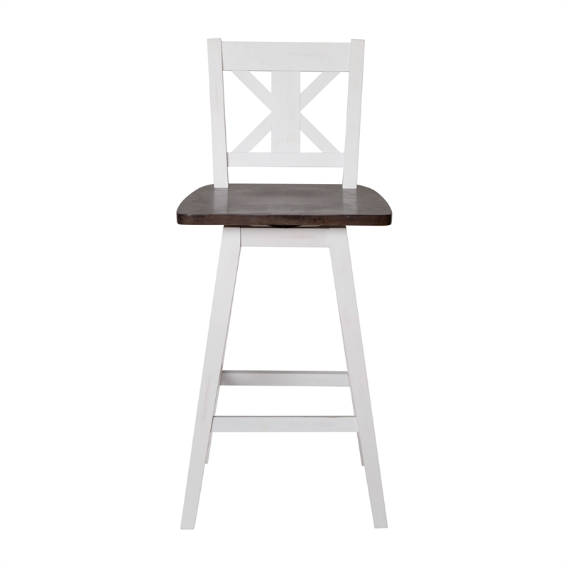 Commercial 360 Swivel Wood Counter Height Stool in Antique White Wash/Gray Seat