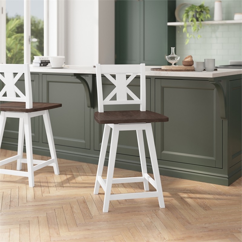 Commercial 360 Swivel Wood Counter Height Stool in Antique White Wash/Gray Seat