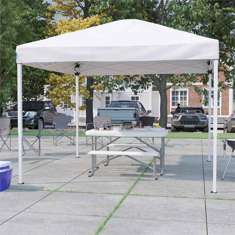 10' x 10' White Pop Up Canopy with Carry Bag and Folding Table with Benches Set