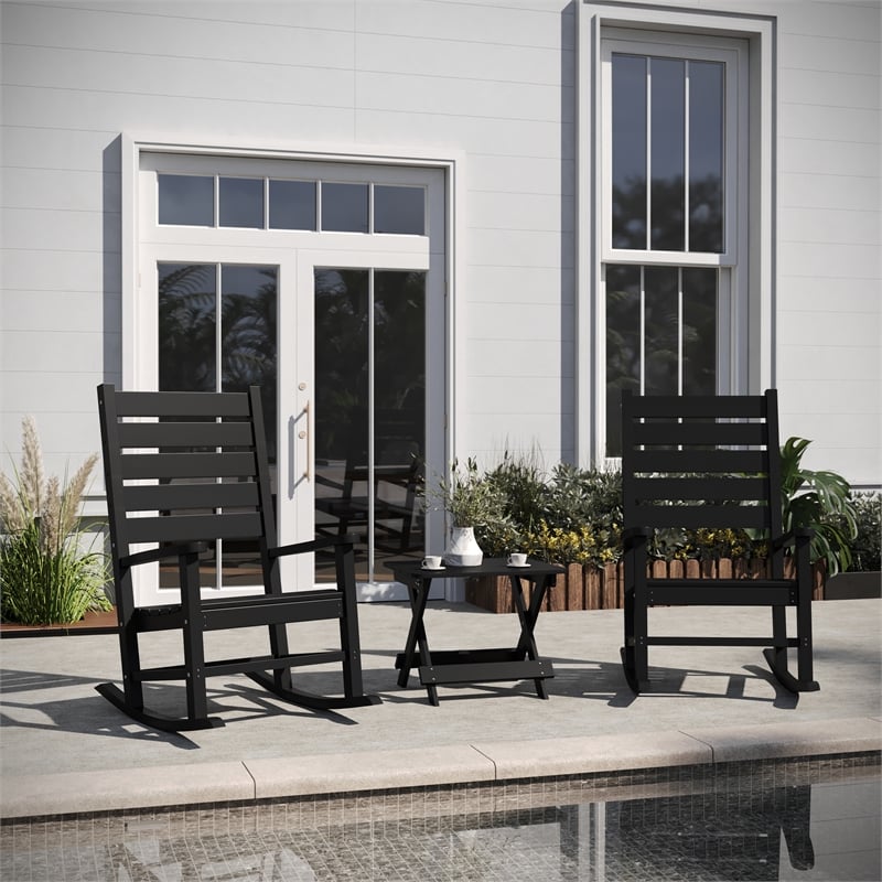 3pc Commercial Indoor/Outdoor Set with 2 Rocking Chairs and End Table in Black