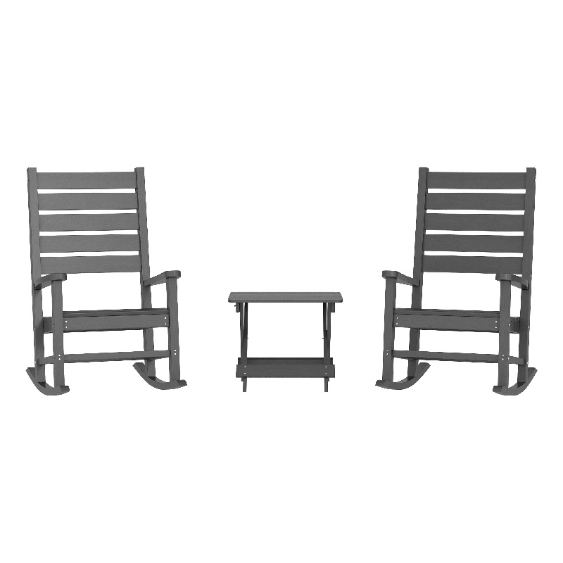 3pc Commercial Indoor/Outdoor Set with 2 Rocking Chairs and End Table in Gray
